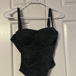 NWT Haute Monde L Black with silver sparkle thread body suite